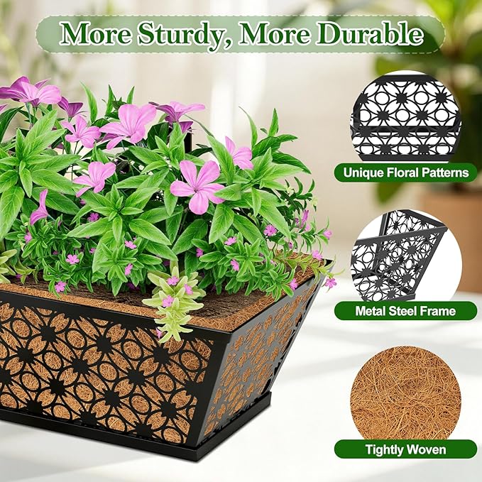 SPECILITE 24" Window Boxes Planters, Heavy Duty Metal Railing Planter Boxes, Adjustable Balcony Planters for Railing Hanging, with Coco Liner & Tool Set for Deck, Porch, and Patio Gardening (6 Pack)