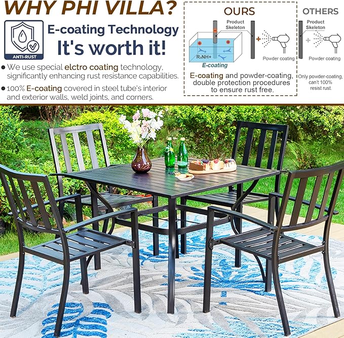 PHI VILLA 5 Piece Outdoor Dining Table Set for 4, 37” Black Square Metal Table with Umbrella Hole & Stackable Wrought Iron Chairs, Outside Furniture Set for Patio, Deck, Porch, Backyard