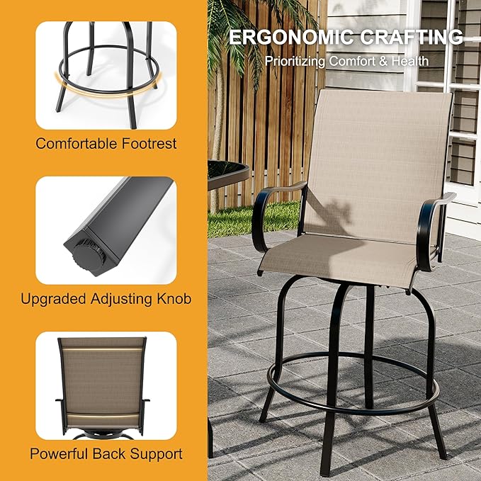 GarveeLife 4 Piece Outdoor Swivel Bar Chairs, Patio High Swivel Bar Stools, All Weather High Back and Armrest Patio Chairs, Outdoor Rotating BarChair Counter Height for Deck Lawn Garden Backyard