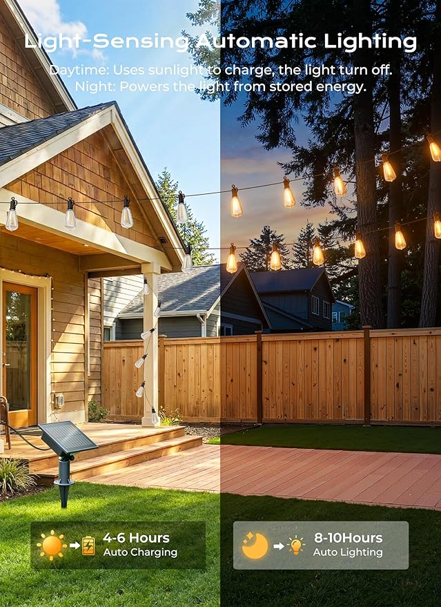 Brightown 202FT Solar String Lights Outdoor Waterproof, Patio Lights with Remote and 65+2 LED Shatterproof Bulbs, Dimmable & Timable, 3 Light Modes, Solar Lights Outdoor for Yard Camping Party Outside