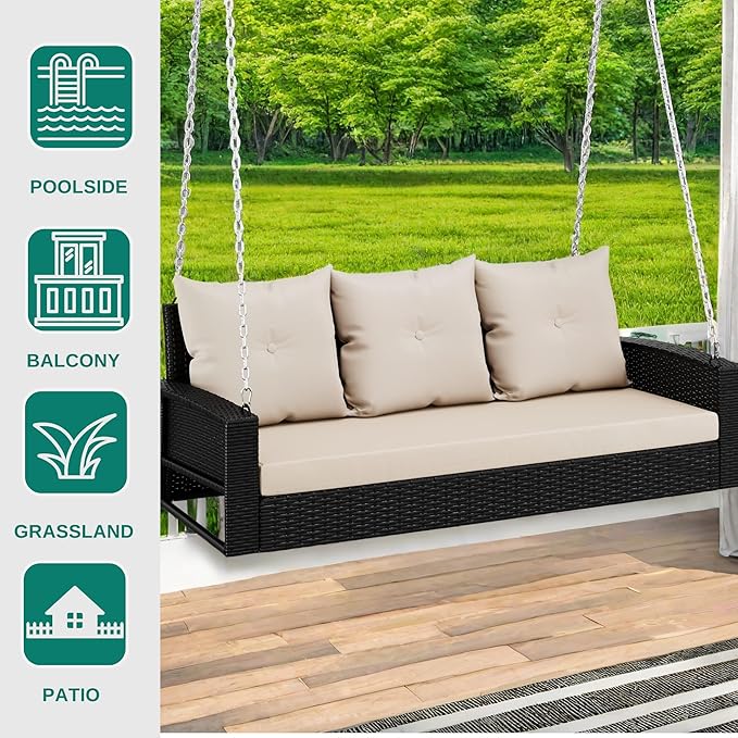 YITAHOME 3-Seats Outdoor Hanging Porch Swing Chair Rattan Black Wicker Patio Swing Chair with Swing Lounge 3 Light Brown Back Cushions Capacity for Garden, Balcony, Courtyard, Gazebo, Porch
