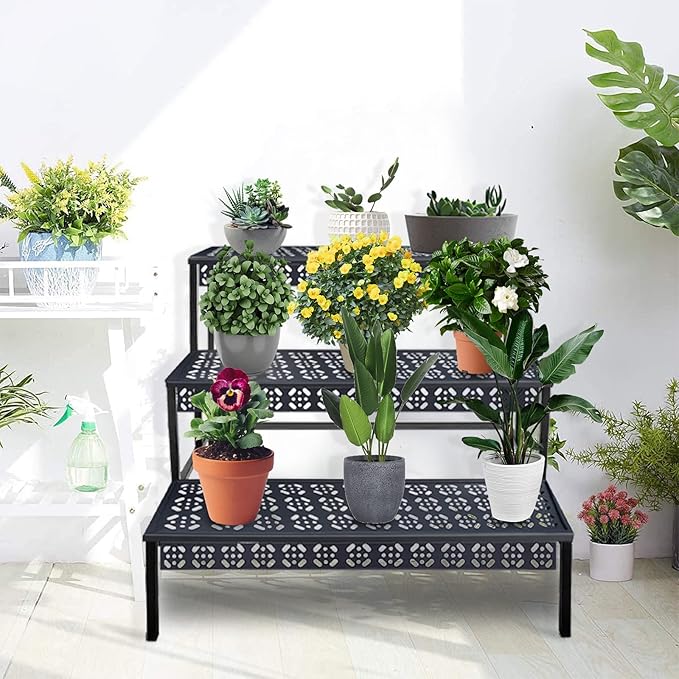 aboxoo 3 Tier Stair Style Large Metal Plant Stand, Garden Display Shelf Flower Pot Holder Storage Organizer Rack for Indoor Home Outdoor Patio Balcony Yard( Black, Rectangle)