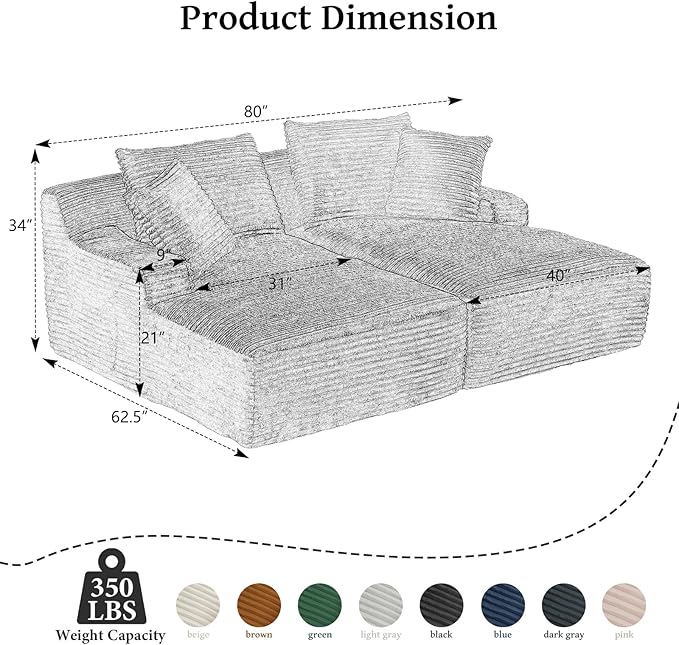80" Double Chaise Lounge Chair Indoor, Oversized Boneless Couch Comfy Upholstered Sleeper Sofa Bed with 4 Pillows, Corduroy Cloud Loveseat Chair for Living Room No Assembly Required, Dark Grey