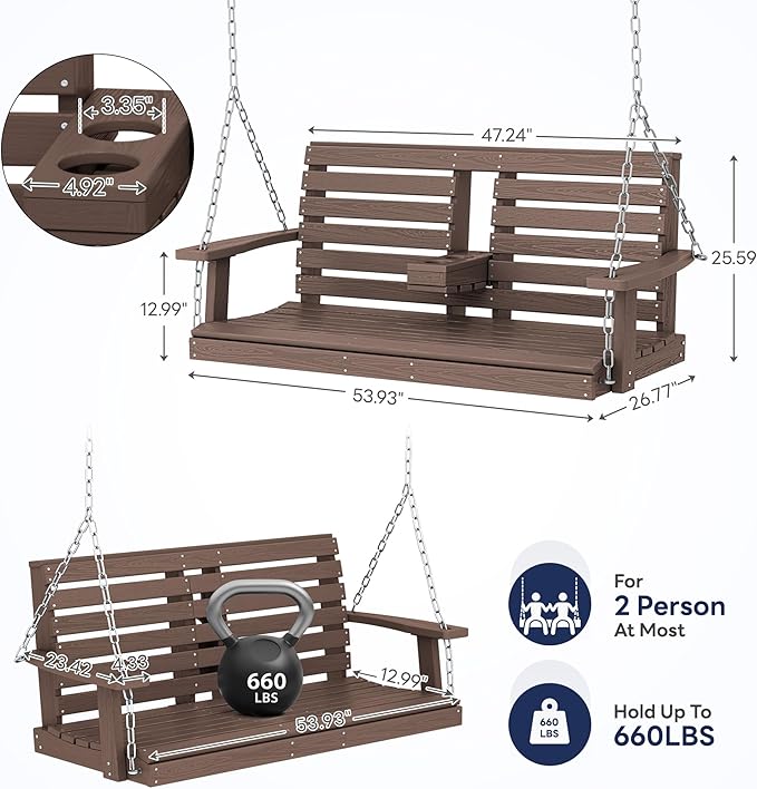 KINGYES Outdoor Hanging Porch Swing Set of 2, Waterproof Swing with Cup Holders for Courtyard & Garden, 660LBS Weight Capacity, White