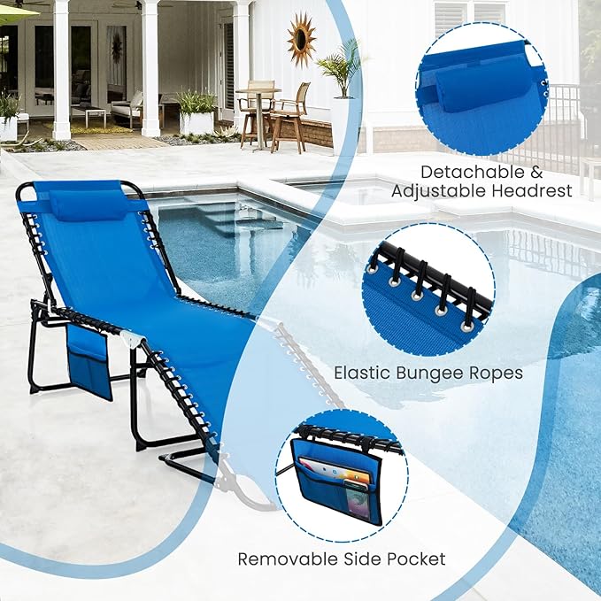 GYMAX Lounge Chairs for Outside, Extra High Folding Beach Tanning Lounger with Adjustable Backrest, Footrest & Removable Pillow, Sunbathing Lounge for Patio, Poolside (1, Navy with Pocket)