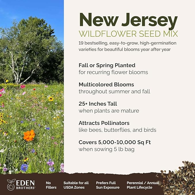 Eden Brothers New Jersey Wildflower Mixed Seeds for Planting, 5 lbs, 2,400,000+ Seeds with Cornflower, Coneflower | Attracts Pollinators, Plant in Spring or Fall, Zones