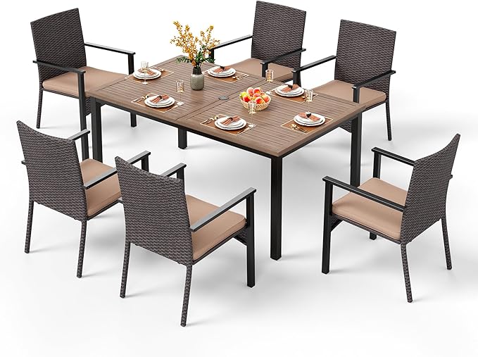 PHI VILLA 7 Pieces Patio Dining Set for 6, 65” Wood-Like Metal Steel Dining Table & Rattan Wicker Chairs with Cushions, Large Dining Furniture Set for Outdoor Deck, Yard, Porch