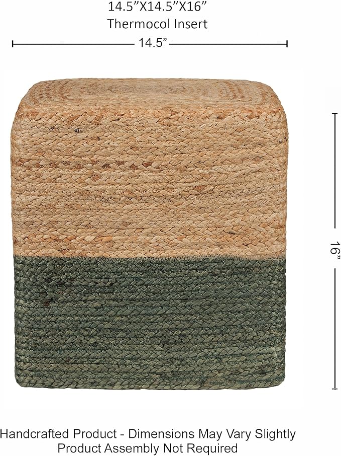 REDEARTH · Cube Pouf Foot Stool Ottoman - Jute Braided Pouffe Poof Accent Sitting Footrest for The Living Room, Bedroom, Nursery, Patio, Lounge & Other Rooms (14.5”X14.5”X16”; Natural Olive)