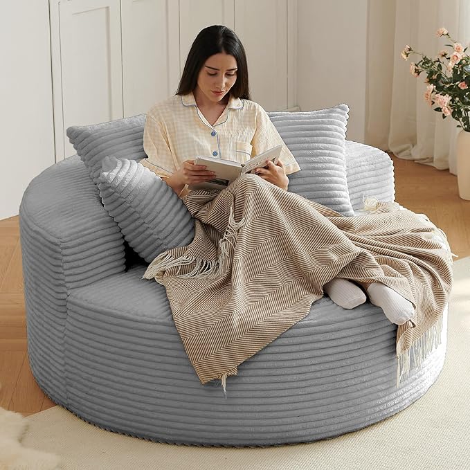 Oversized Round Chair Lounge Chaise Indoor, Upholstered Corduroy Deep Seat Cloud Large Circle Sofa Chair, No Assembly Required, Fluffy Modern Sleeper Sofa Bed for Reading, Living Room, Light gray