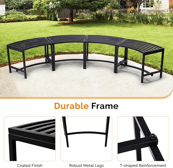 VINGLI Outdoor Metal Curved Bench, Weatherproof Fire Pit Bench Set of 4, Heavy Duty Steel Backless Benches, Metal Outside Seating for Garden, Patio, Plant Stand and Holder