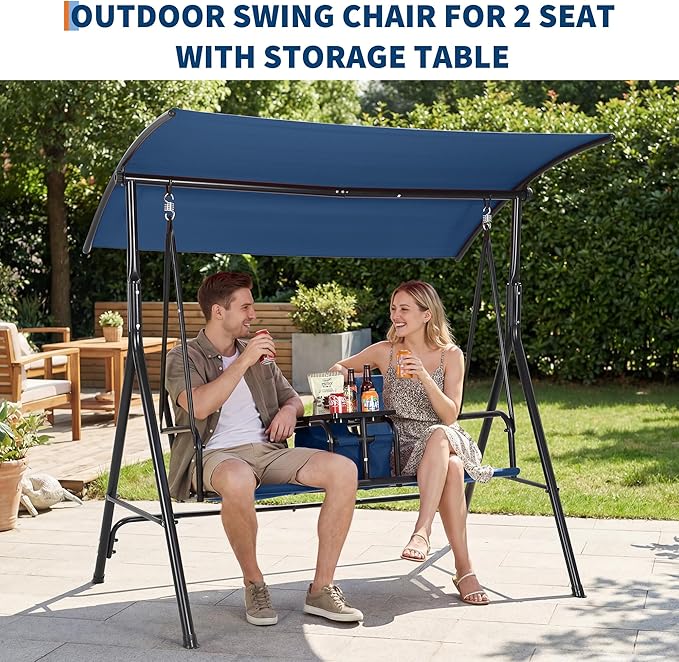 2-Person Porch Swing with Cup Holders, Pivot Storage Table & Cooler Bag, Adjustable Canopy, Black Steel Frame Outdoor Patio Swing for Backyard, Balcony & Poolside
