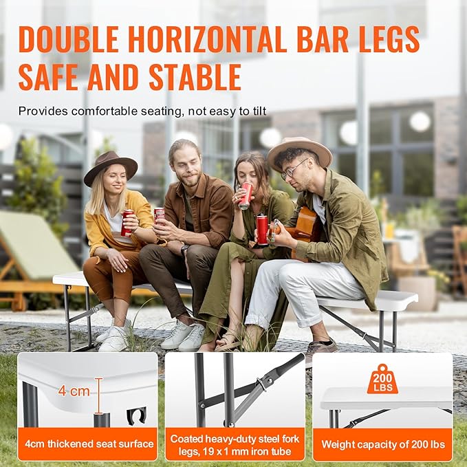 VEVOR Plastic Folding Bench, 6ft Portable Folding Bench, Smooth High Density Polyethylene Waterproof Outdoor Bench, Picnic Camping Table with Handle for Garden Soccer Playtime, White (2 Pack)