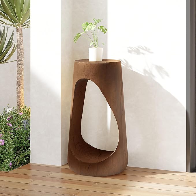 Christopher Knight Home Novi 26.57"H Lightweight Concrete Outdoor Side Table, Hollow Round-shaped Patio End Table, MGO Outdoor Coffee Table, Garden Plant Stand Indoor, Wood-Like Texture, Antique Brown