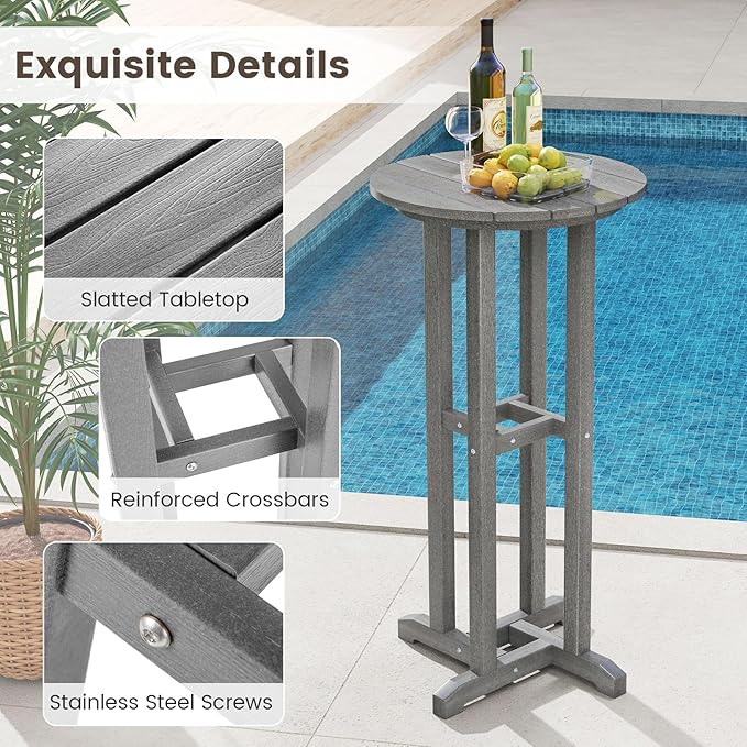 Tangkula 21.5" Round Bar Table, Patio HDPE Bar Height Dining Table w/Slatted Tabletop, Outdoor All-Weather High-Top Bistro Table for Poolside, Backyard, Balcony (Grey)