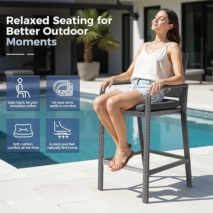 NICESOUL Wicker Outdoor Bar Set 5 Piece, 76" High Top Rattan Bar Table and Chairs Set of 4, Patio Counter Height Dining Table and Stools with Armrest & Cushions for Outside Backyard Poolside, Gray
