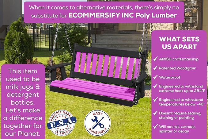 Mission Poly Lumber Wood 5FT Porch Swing Amish Craftsmandship Made in USA HDPE with No Wood fibers 1000 lbs Limit. Stainless Steel Hardware.Signature Design for Patio Outdoor Backyard Garden Park