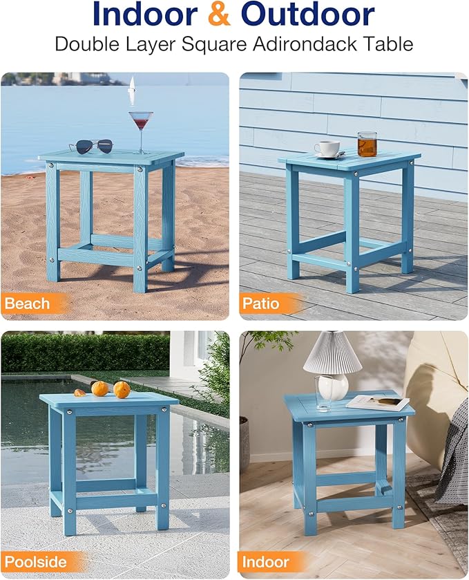 YEFU Outdoor Side Table for Patio: 16" HIPS Weather - Resistant Adirondack Tables - Waterproof Small Square End Tables for Backyard Pool Porch Balcony - Indoor Outdoor Durable Table Blue