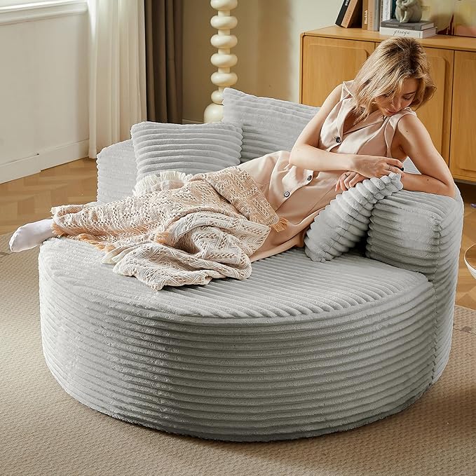 Oversized Round Chair Lounge Chaise Indoor, Upholstered Corduroy Deep Seat Cloud Large Circle Sofa Chair, No Assembly Required, Fluffy Modern Sleeper Sofa Bed for Reading, Living Room, White Gray