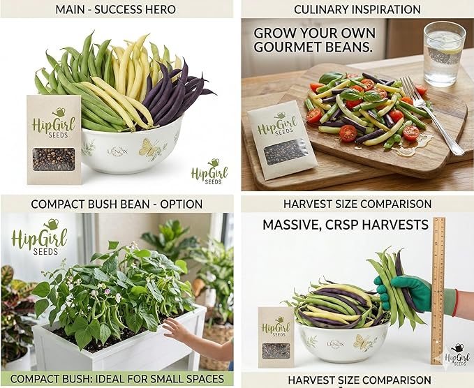 Bean Seeds for Planting Vegetables and Fruits. Pole Beans,Bush Beans,Romano Beans.Non GMO Garden Seeds for Home Vegetable Garden-Organic Bush Bean Mix 45ct+ Purple,Yellow&Green Bean Seeds, No Trellis