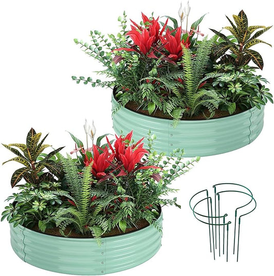 Galvanized Metal Planter Round Raised Garden Bed Kit for Gardening Outdoor，2x2x1ft 2PC Grow Garden Box Raised Flower Bed，Round Galvanized Planter Outdoor Metal Fire Pit Ring Green