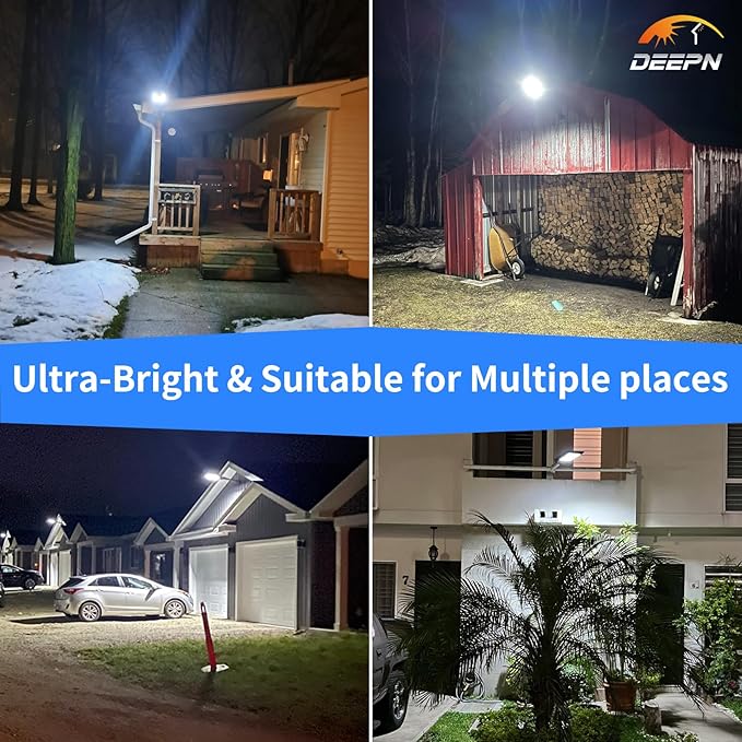 Solar Lights Outdoor, IP66 Waterproof Street Lights Outdoor, 6500K Dusk to Dawn Solar Security Flood Lights Motion Sensor with Remote Control for Yard, Entryway Garage, Porch 4 Pack
