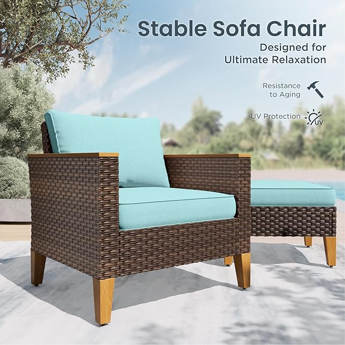 PHI VILLA Half-Moon Patio Furniture Set with 56" Fire Pit Table, Wicker Outdoor Curved Sectional Sofa with Cushions, Ottomans, Large Conversation Seating for Garden or Backyard, Aqua Blue