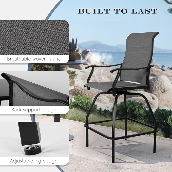 LEVELEVE Patio Bar Set 2pcs Swivel Bar Stools Outdoor Bistro Textilene Furniture Stability All-Weather Set with Height Table (2, Grey Fabric)