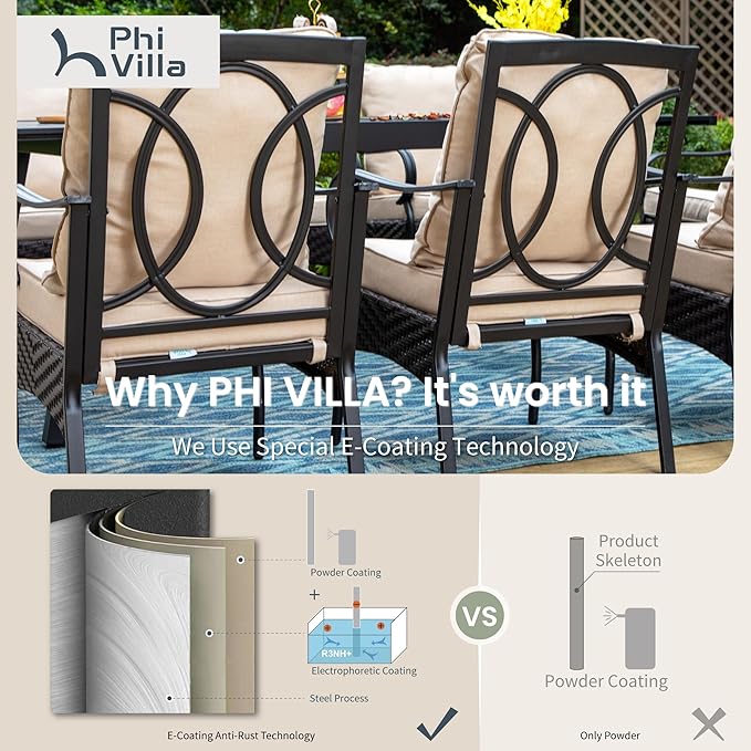 PHI VILLA 5-Piece Outdoor Dining Set, Heavy Duty Patio Table and Chairs Set with Umbrella Hole for 4, 42" Square Patio Woodgrain Metal Table with Wicker Metal Chairs with Cushions