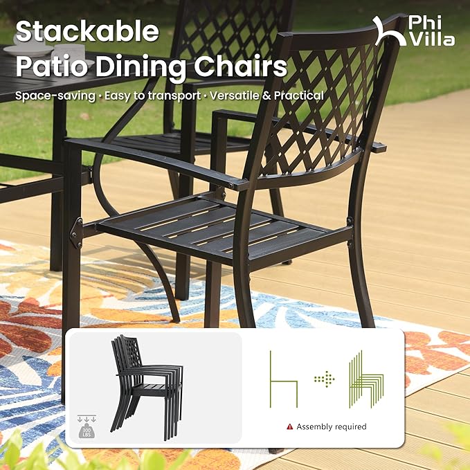 PHI VILLA 9 Pieces Outdoor Dining Set for 8, 83" Rectangular Metal Table with Umbrella Hole & Stackable Black Wrought Iron Chairs, Large Outside Furniture for Patio, Deck, Yard, Porch