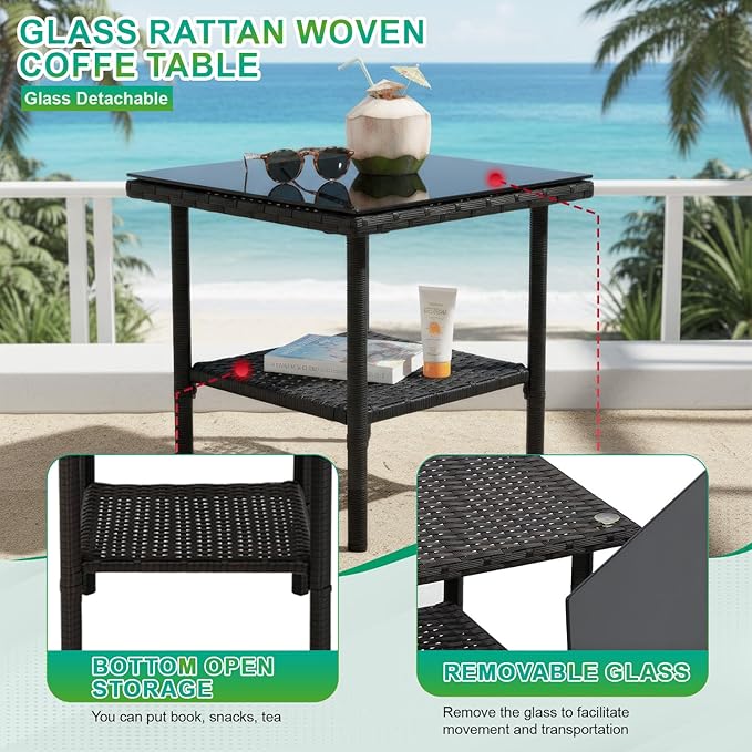 FDW 3 Pieces Patio Furniture Set Outdoor Wicker Bistro Sets Modern Rattan Chair Conversation Sets with Coffee Table for Yard Backyard Lawn Porch Poolside Balcony,Khaki Cushion