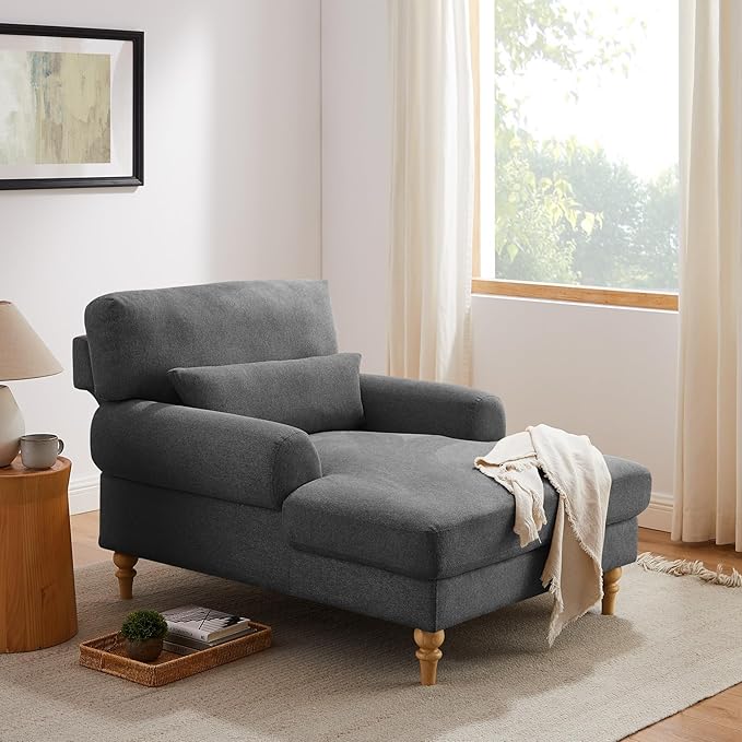 Modern Chaise Lounge Chair with Adjustable Backrest, Upholstered Indoor Leisure Sofa Recliner, Oversized Accent Chair Deep Seat Reading Armchair for Living Room, Bedroom, Office, Dark Gray