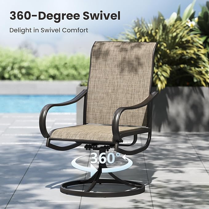 PHI VILLA 7 Piece Outdoor Table and Chairs Set, 2 Swivel & 4 Fixed Patio Chairs and PVC Wooden-Like Table with Umbrella Holes, All Weather Patio Furniture Set for Deck Garden Yard