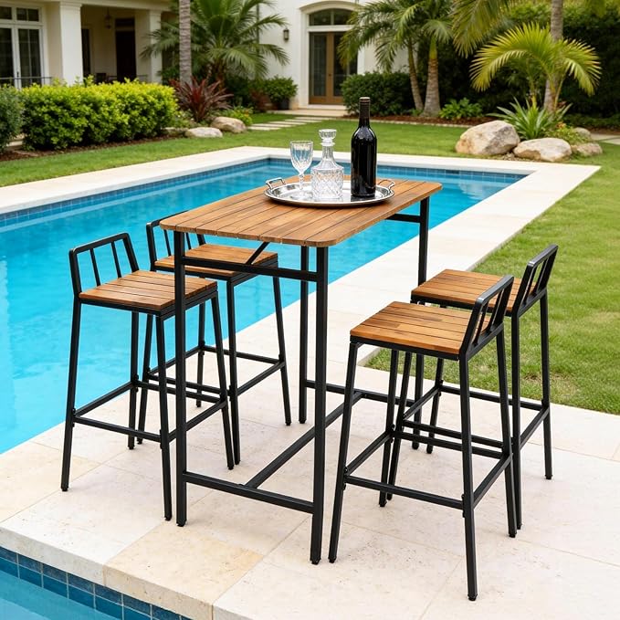VINGLI 5 Pieces Outdoor Patio Bar Set, Acacia Wood Outdoor Dining Set Patio Table and Chairs Set for Porch Poolside Backyard Garden Balcony