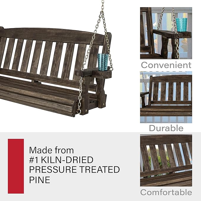 Amish Casual Heavy Duty 800 Lb Mission Treated Porch Swing with Hanging Chains and Cupholders (5 Foot, Dark Walnut Stain)