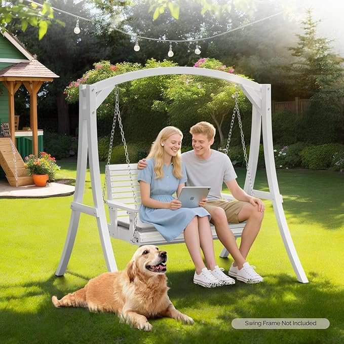 VINGLI Wooden Porch Swing, Heavy Duty 880 LBS Hanging Patio Bench with Extra Cushion for Lawn| Garden| Courtyard (White, 4 feet)