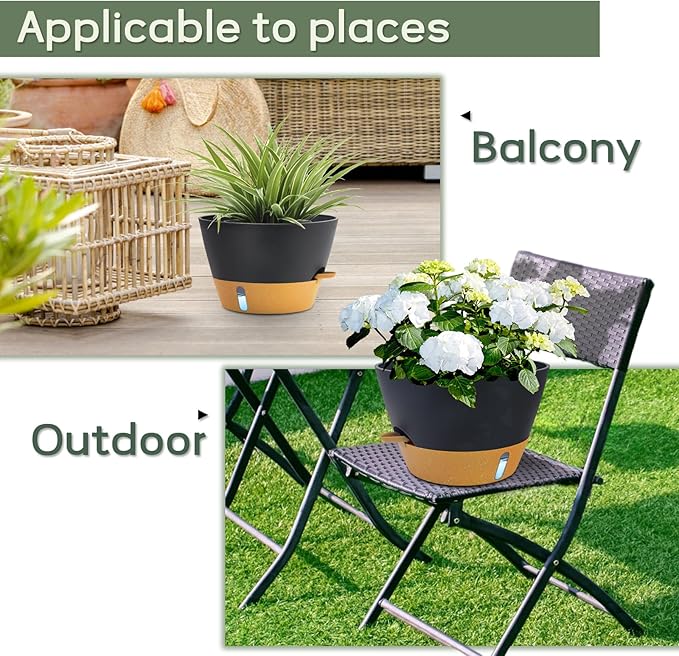 12-Inch Self Watering Planters with Drainage Holes, Large Flower Pots for Indoor Outdoor Plants, Garden Pots Grey 3 Pack