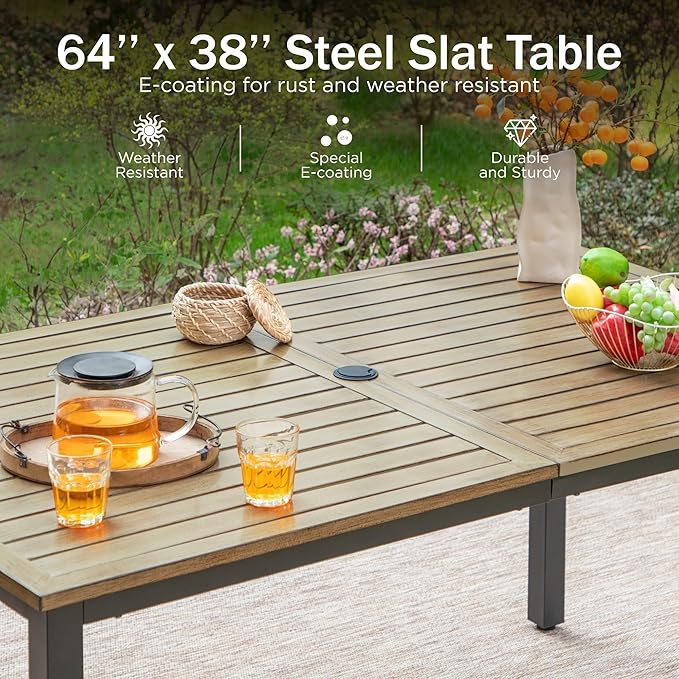 PHI VILLA 7 Pieces Outdoor Dining Set for 6, 65” Brown Wood-Like Metal Steel Table & Stackable Iron Chairs, Heavy-Duty Outside Furniture with Umbrella Hole for Patio, Deck, Yard, Porch