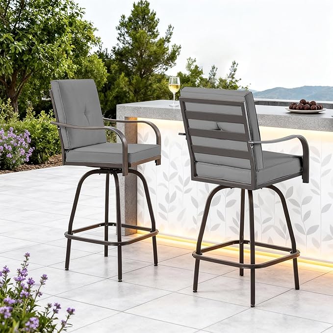 Patio Swivel Bar Stools, Outdoor Bar Height Swivel Chairs Set of 2 with Cushion & All Weather Steel Frame for Backyard, Lawn, Poolside and Balcony, Dark Grey