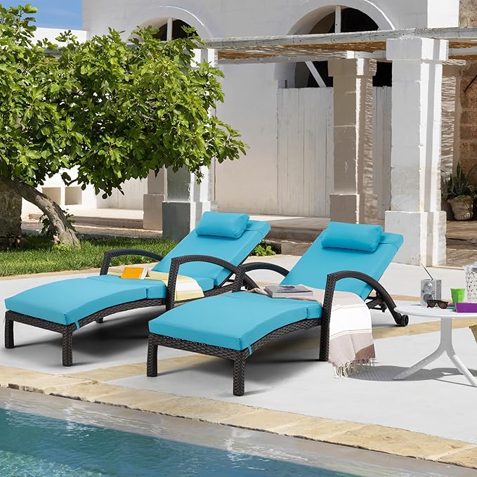 HOMREST Outside Chaise Lounge Chairs Set of 2, Adjustable 5 Position Outdoor PE Rattan Wicker Patio Pool Lounge Chair with Cushion, Arm, Pillow and Wheels for Poolside Backyard Deck Porch,Blue