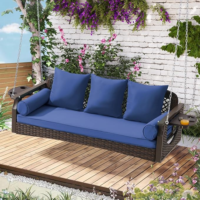 3 Seat Porch Swing, Wicker Patio Swing with Cup Holders & 3 Back Cushions, Yard Swing with Chains for Deck Garden Backyard,Brown Rattan, Blue Cushion, 56-inch