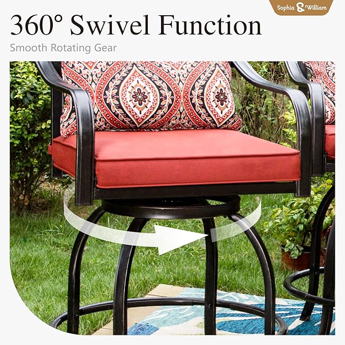 Sophia & William Patio Bar Set 5 Piece Outdoor High Dining Table and Chairs Set, 4 Swivel Bar Stools and 1 Rectangular Bar Height Table, All-Weather Metal Furniture Set with Red Cushion