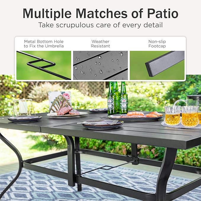 PHI VILLA Patio Dining Set for 6 Person, Rectangle Metal Table with Umbrella Holes and 2 Swivel & 4 Fixed Chairs All Weather Outdoor Table and Chairs for Deck Garden Yard