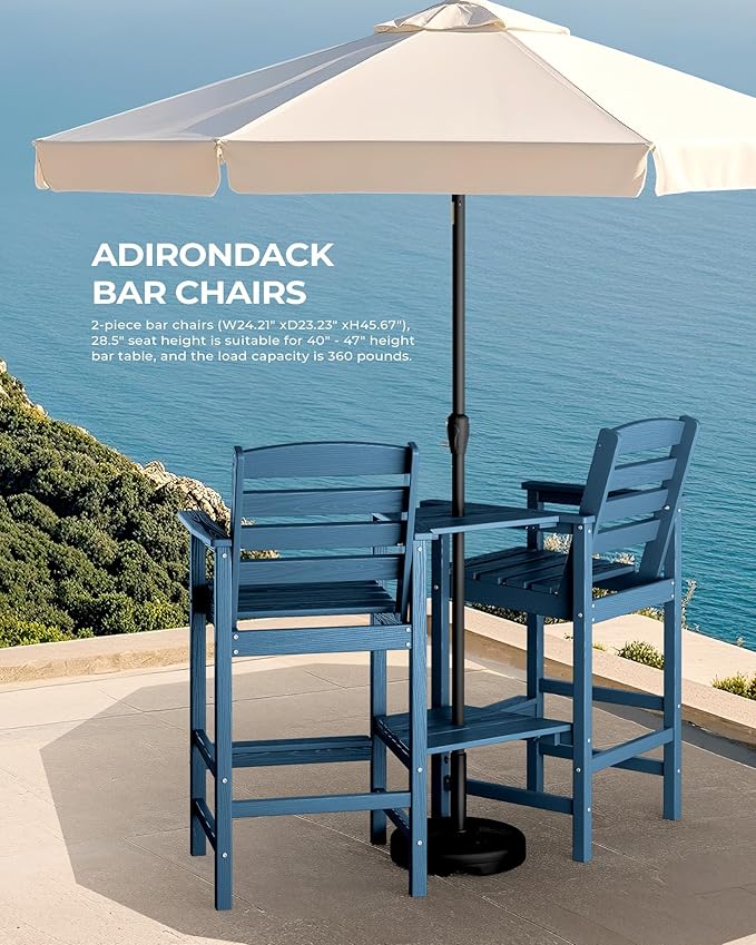 SERWALL Tall Adirondack Chairs Set of 2 with Connecting Table, Blue