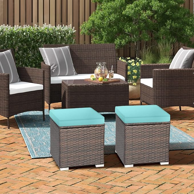 RELAX4LIFE Wicker Outdoor Storage Ottoman, 2-Piece Rattan Footstool w/Removable Cushion, Multipurpose Footrest Stool Side Table Additional Seating, Set of 2 Outdoor Ottomans for Patio Deck (Turquoise)