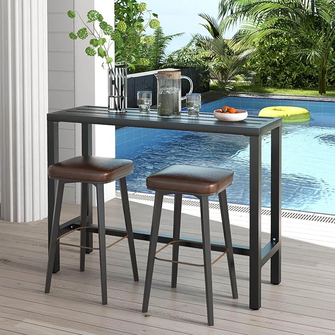 COSTWAY Outdoor Bar Table 48-inch Wide, Narrow Counter Height Dining Table with Waterproof Top and Heavy-Duty Metal Frame, Rectangular Pub Table for Hot Tub Garden Patio Backyard Poolside, Black