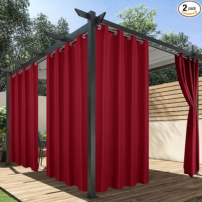 HolidayIdeas Red Outdoor Curtains for Patio Waterproof, 2 Panels - 54 x 108 Inch - Privacy Protection & Light Filtering Curtains Grommet Outside Curtains for Porch, Gazebo, Pergola, Backyard