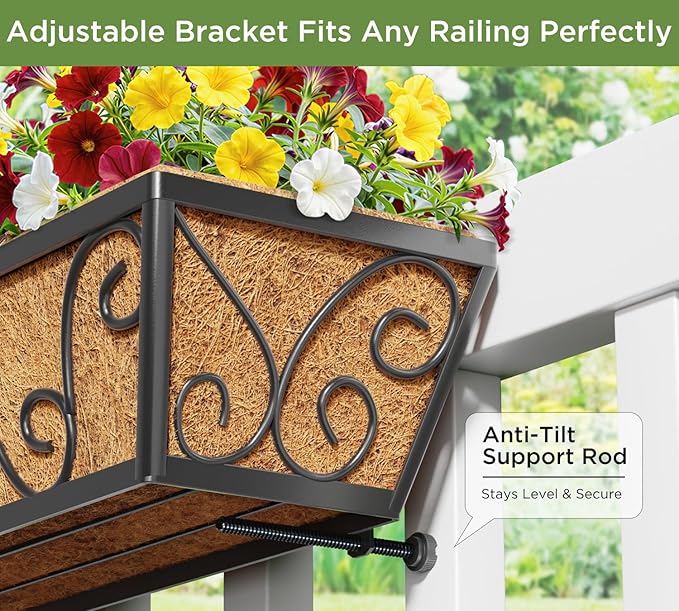 Y&M 24 Inch Window Deck with Coco Liner, Fence Metal Hanging Flower Planter Window Basket Deck Railing Planter Boxes for Outdoor Garden Lawn-Butterfly, 2pcs