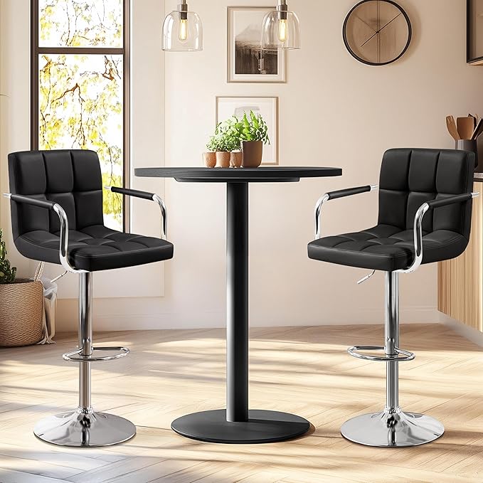 Yaheetech Bar Stools Set of 2, PU Leather Height Adjustable Swivel Barstools, Hydraulic Kitchen Counter Height Bar Chairs with Armrest and Back for Kitchen, Dining Room, Black