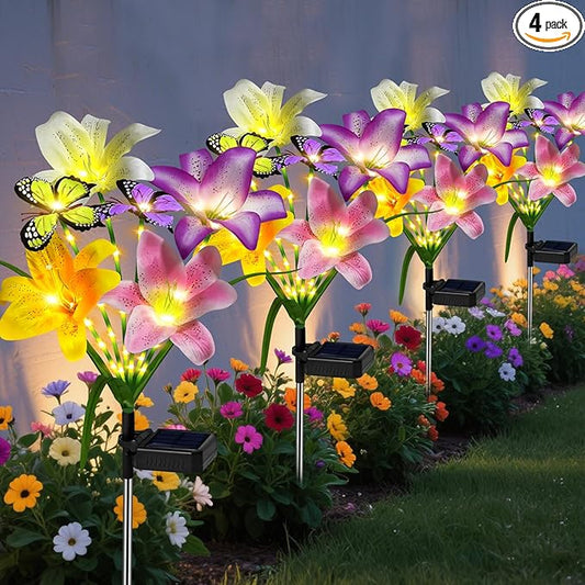 Solar Garden Lights Outdoor, 4 Pack Flower Lights for Outside, 16 Solar Lilies with Butterflies, Waterproof Garden Decor for Yard, Patio, Gifts for Women Mom (4 pcs Lilies)