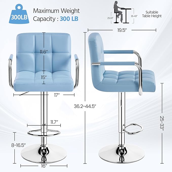 Yaheetech Bar Stools Set of 4, PU Leather Adjustable Swivel Barstools, Hydraulic Kitchen Counter Height Chairs with Armrest and Back for Kitchen, Dining Room, Blue